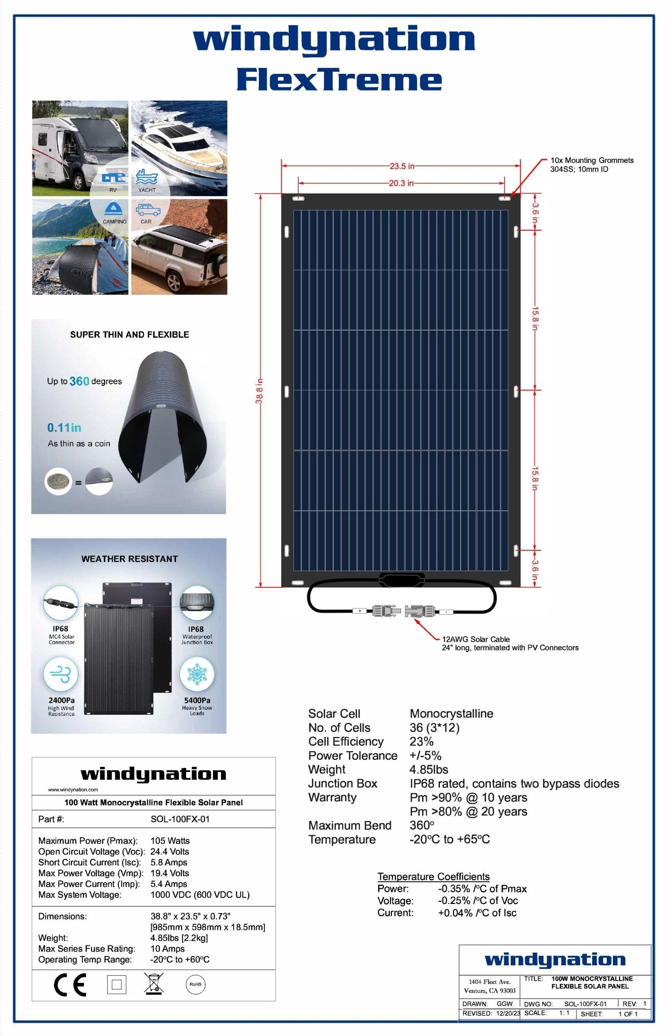 100 Watt 12V Flextreme Flexible Thin Lightweight Monocrystalline ETFE Solar Panel - Bends 360 Degrees - THE ONLY Mars Emporium