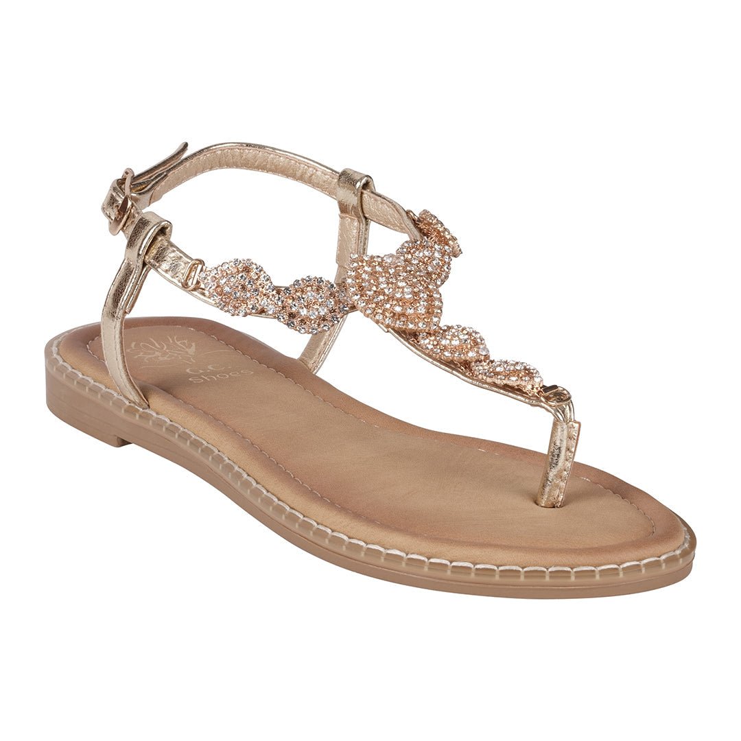 Cali Gold Jeweled T - Strap Slingback Flat Sandals - THE ONLY Mars Emporium