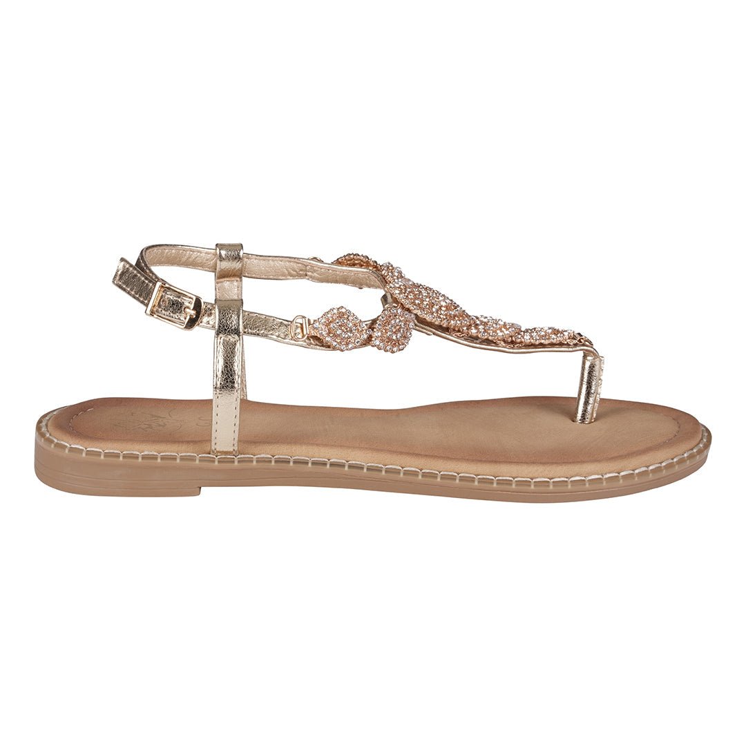 Cali Gold Jeweled T - Strap Slingback Flat Sandals - THE ONLY Mars Emporium