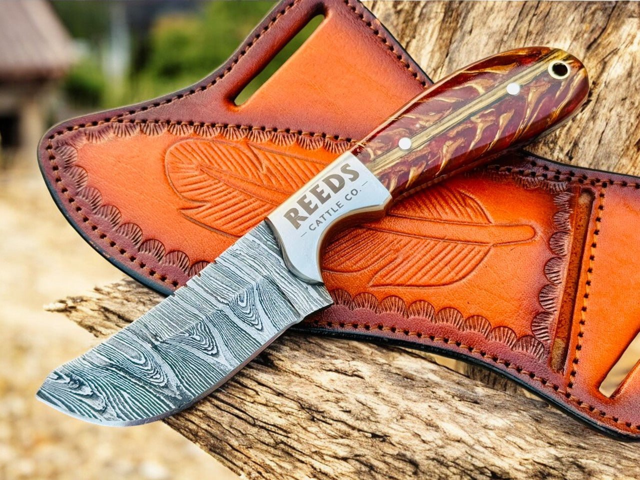 Cowboy Knife 3.25" Damascus Blade with Red Pine Cone Resin Handle - THE ONLY Mars Emporium