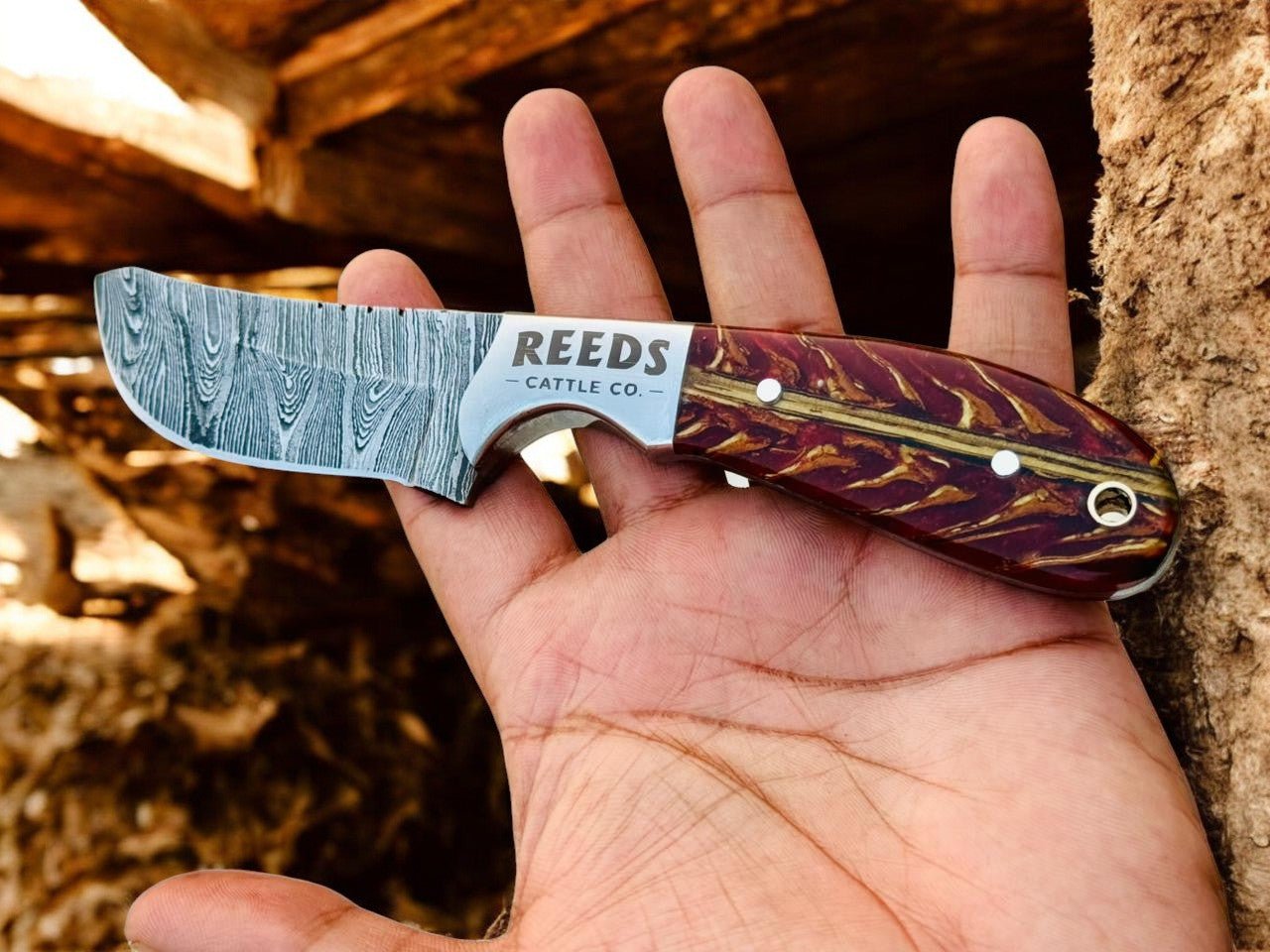 Cowboy Knife 3.25" Damascus Blade with Red Pine Cone Resin Handle - THE ONLY Mars Emporium