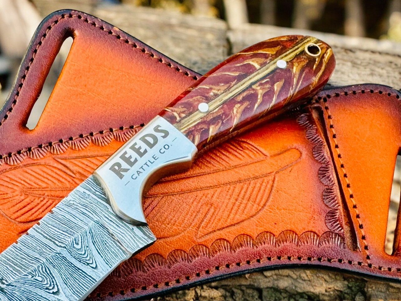Cowboy Knife 3.25" Damascus Blade with Red Pine Cone Resin Handle - THE ONLY Mars Emporium