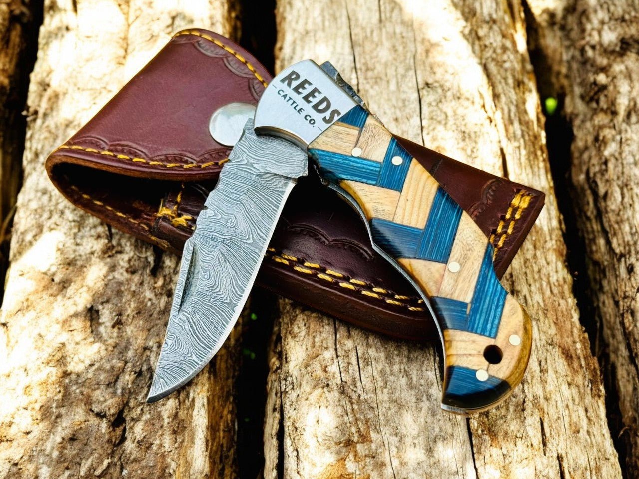 Damascus Pocket Knife with 3" Folding Blade & Olivewood Handle - THE ONLY Mars Emporium