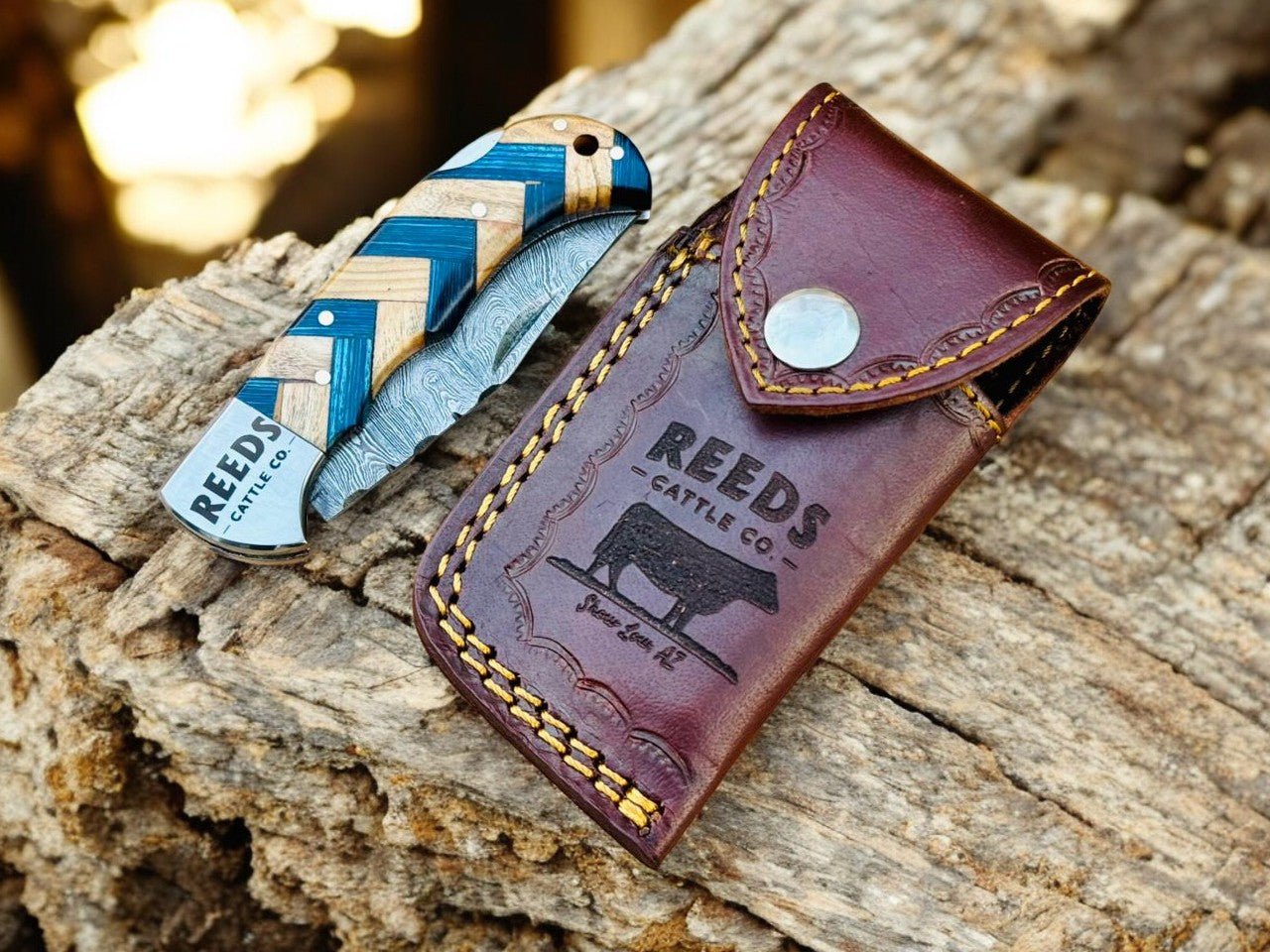 Damascus Pocket Knife with 3" Folding Blade & Olivewood Handle - THE ONLY Mars Emporium