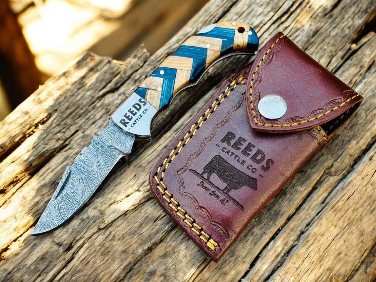 Damascus Pocket Knife with 3" Folding Blade & Olivewood Handle - THE ONLY Mars Emporium