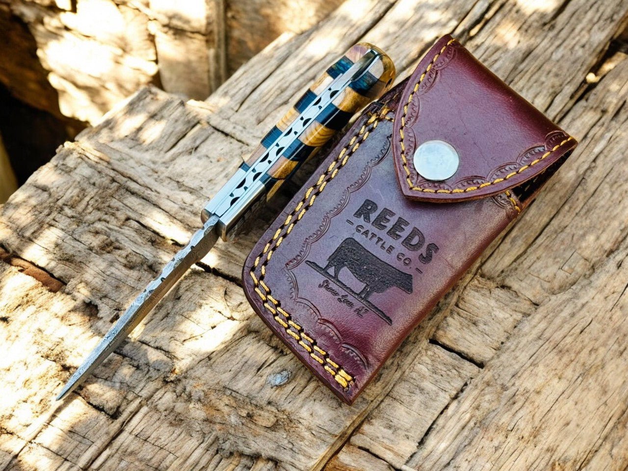 Damascus Pocket Knife with 3" Folding Blade & Olivewood Handle - THE ONLY Mars Emporium