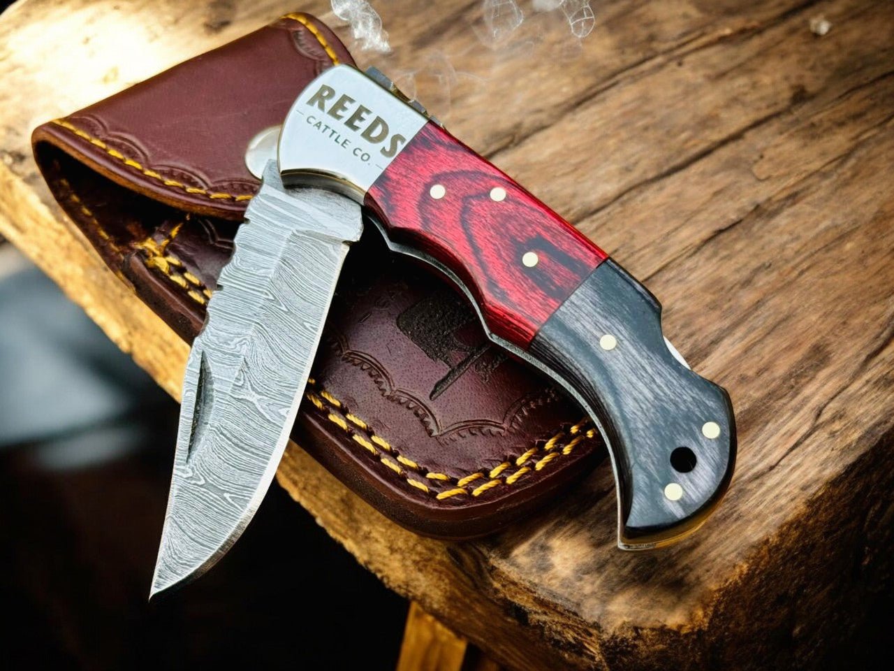 Folding Pocket Knife 3" Damascus Blade with Red/Black Pakka Wood - THE ONLY Mars Emporium