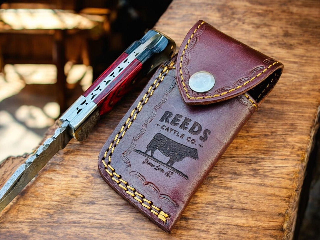 Folding Pocket Knife 3" Damascus Blade with Red/Black Pakka Wood - THE ONLY Mars Emporium