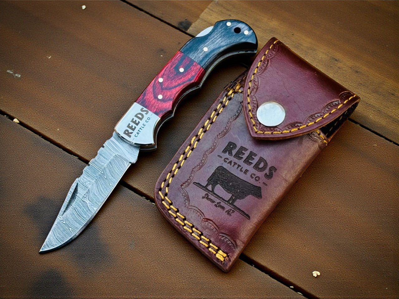 Folding Pocket Knife 3" Damascus Blade with Red/Black Pakka Wood - THE ONLY Mars Emporium
