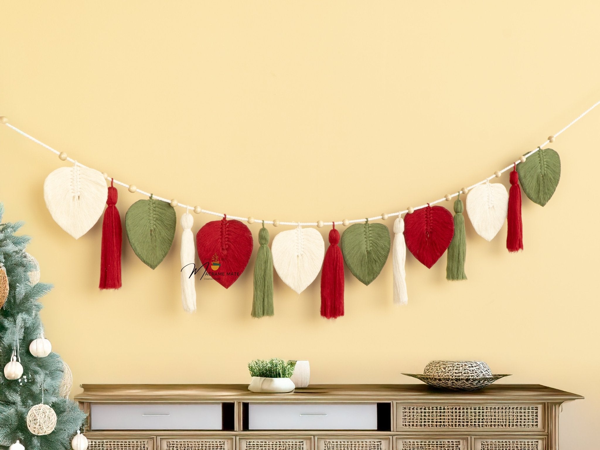 Macrame Leaf Garland Wall Hanging with Tassel Accents - THE ONLY Mars Emporium