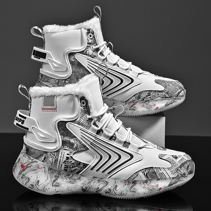 Men's trendy luminous running shoes student graffiti high - top shoes plus velvet warm sports shoes - THE ONLY Mars Emporium