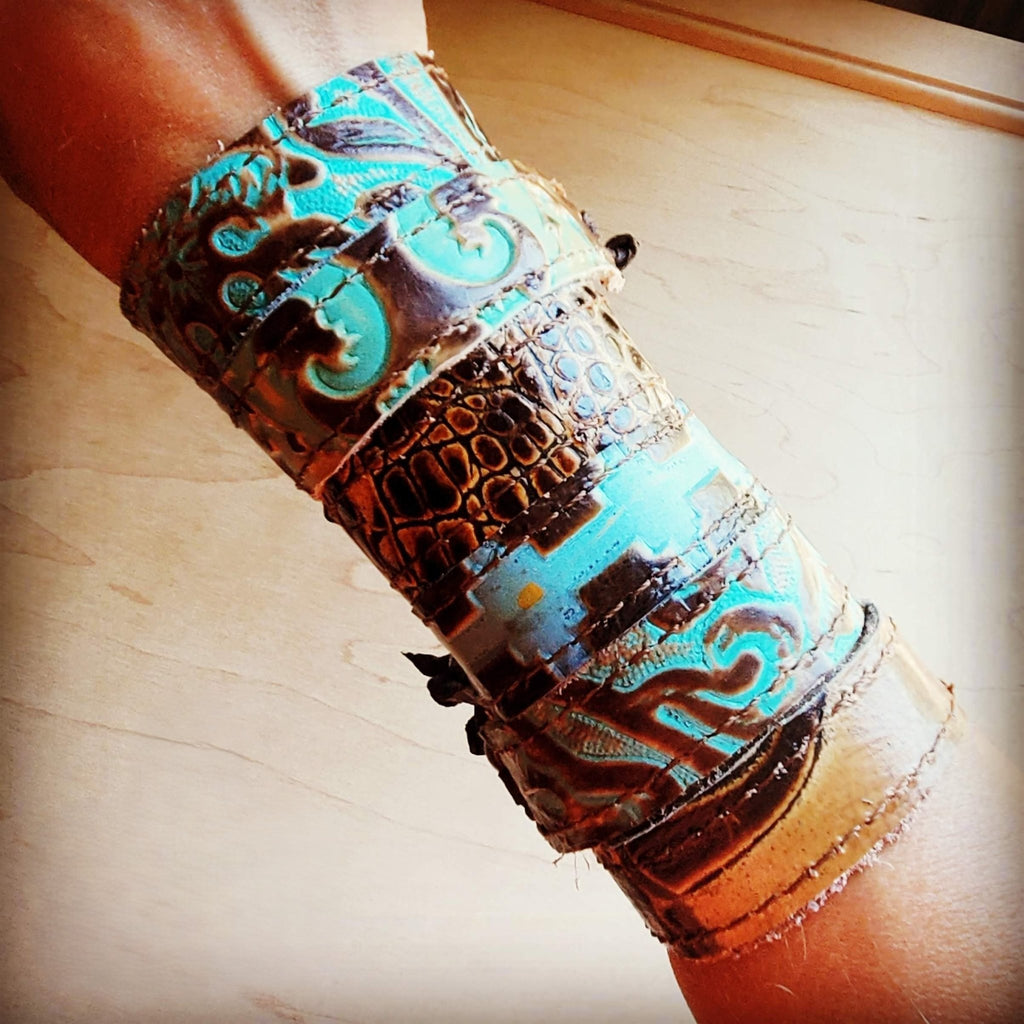 **Narrow Leather Cuff in Cowboy Turquoise w/ adjustable leather 001f - THE ONLY Mars Emporium