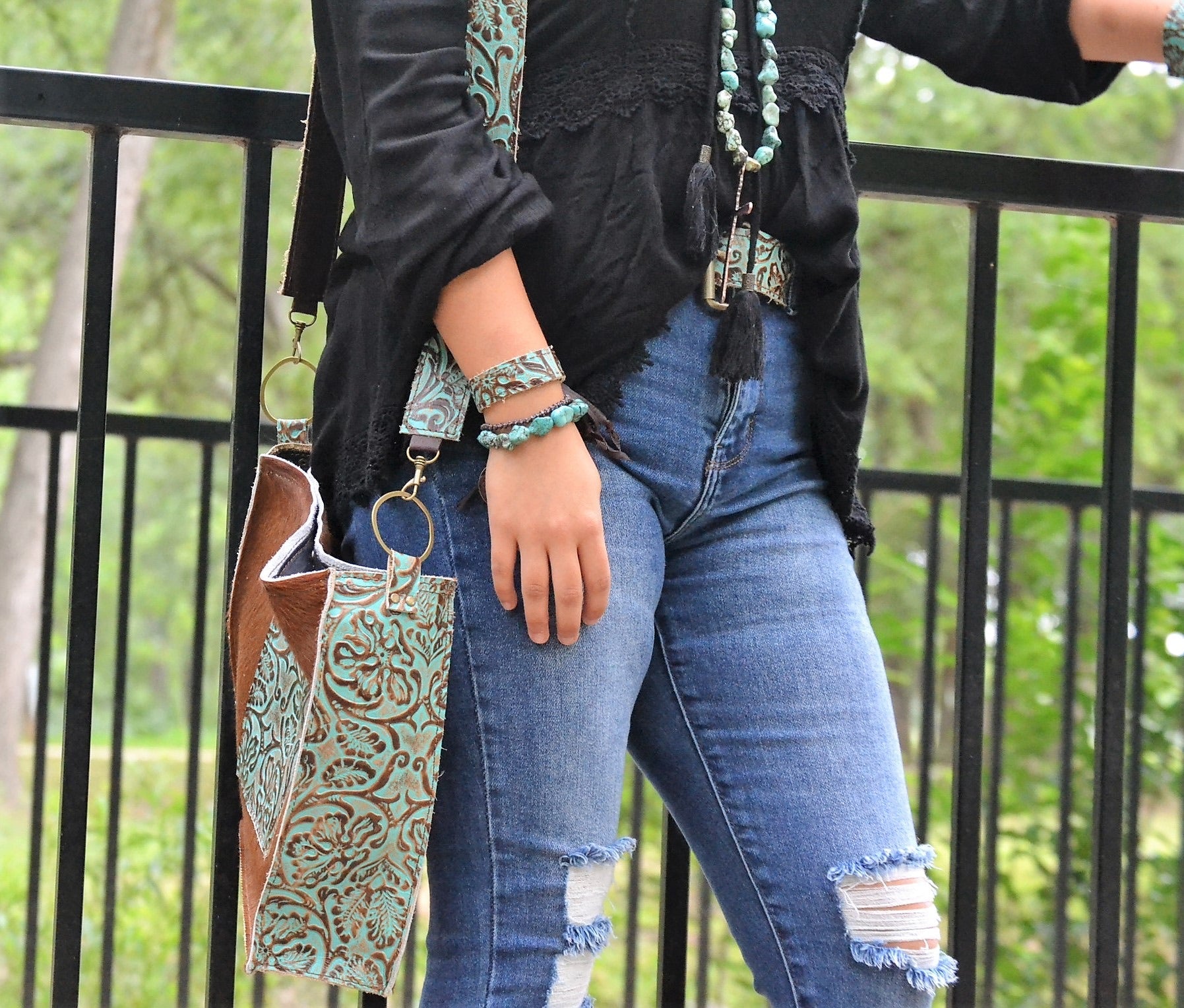 **Narrow Leather Cuff in Cowboy Turquoise w/ adjustable leather 001f - THE ONLY Mars Emporium