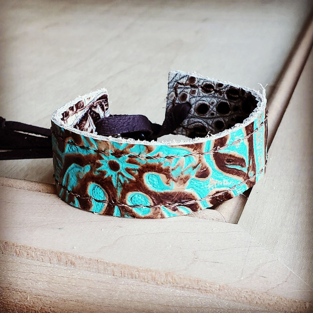 **Narrow Leather Cuff in Cowboy Turquoise w/ adjustable leather 001f - THE ONLY Mars Emporium