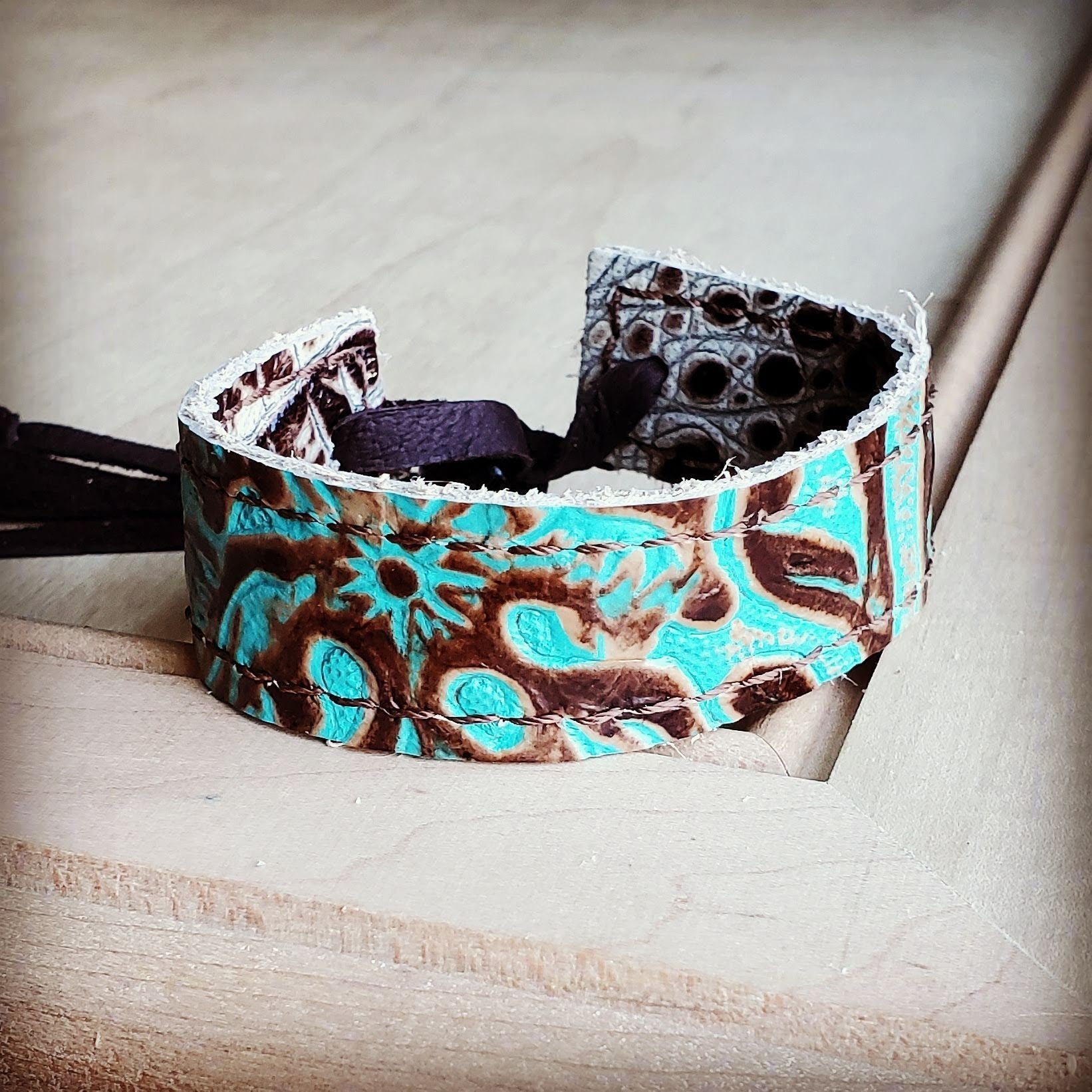 **Narrow Leather Cuff in Cowboy Turquoise w/ adjustable leather 001f - THE ONLY Mars Emporium