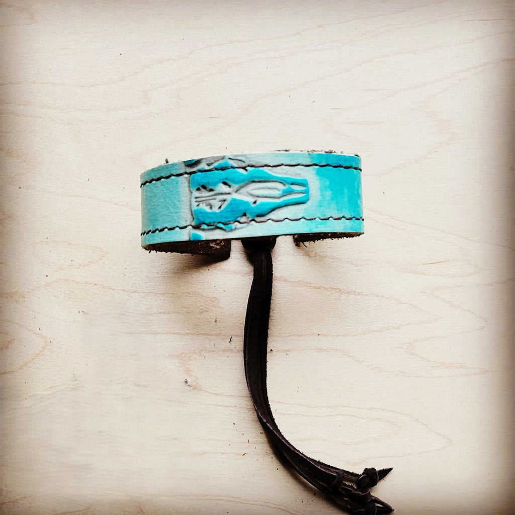 **Narrow Leather Cuff w/ Adjustable Tie Turquoise Steer Head 013j - THE ONLY Mars Emporium