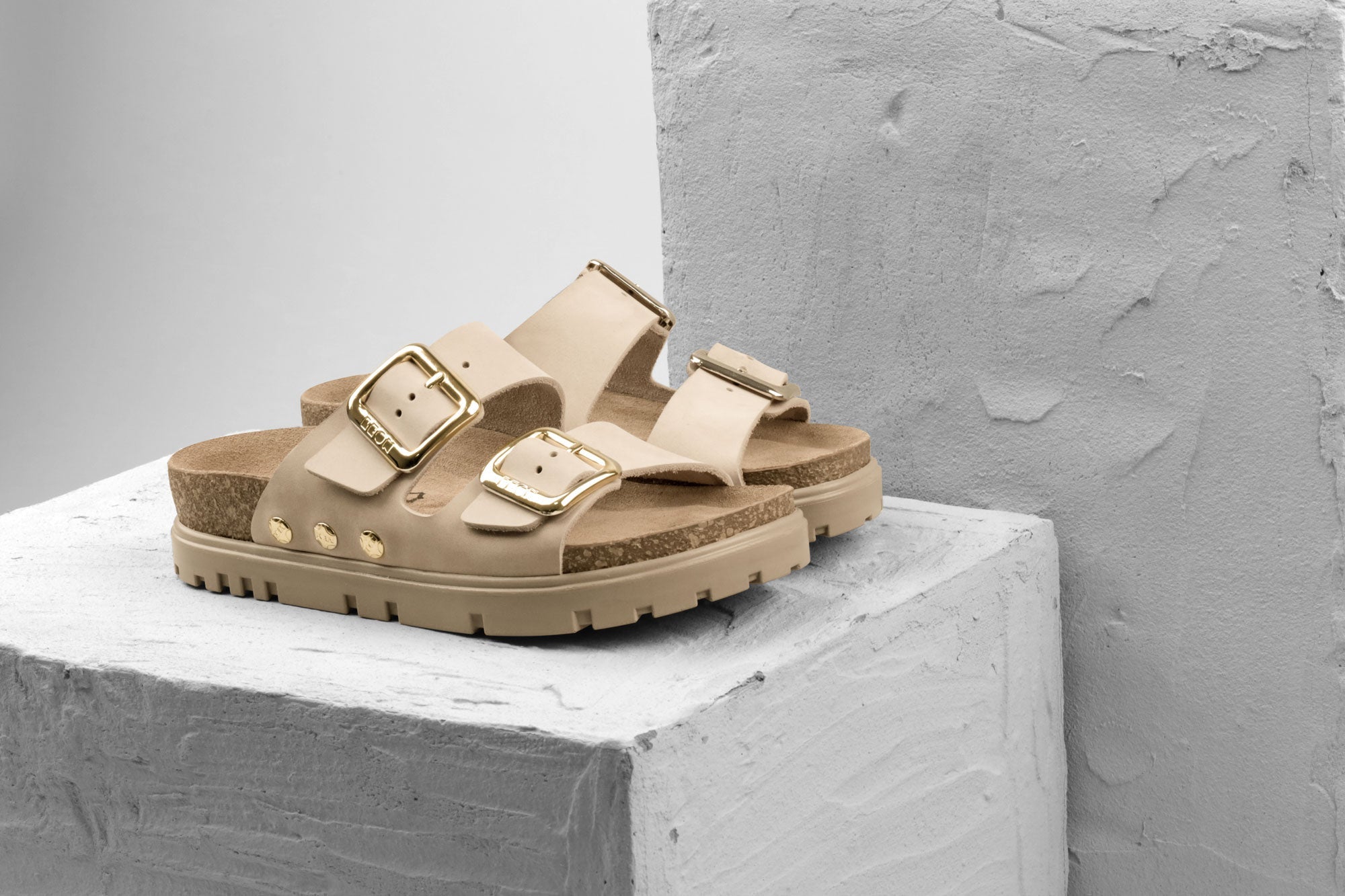 Portofino II by LEON - Women’s Leather Sandal – Double Strap Slide with Cork - style Footbed & Adjustable Buckle - THE ONLY Mars Emporium