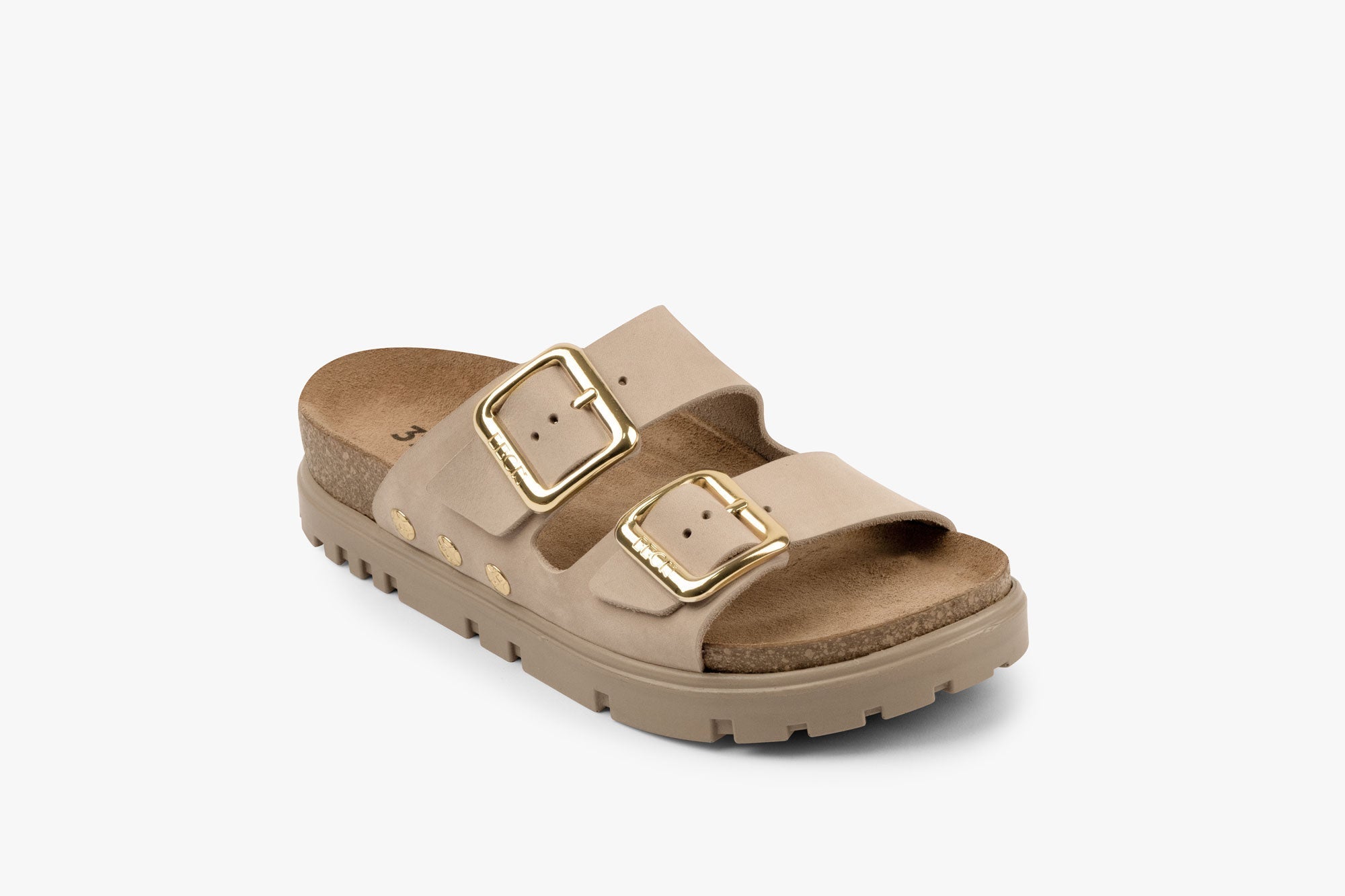 Portofino II by LEON - Women’s Leather Sandal – Double Strap Slide with Cork - style Footbed & Adjustable Buckle - THE ONLY Mars Emporium