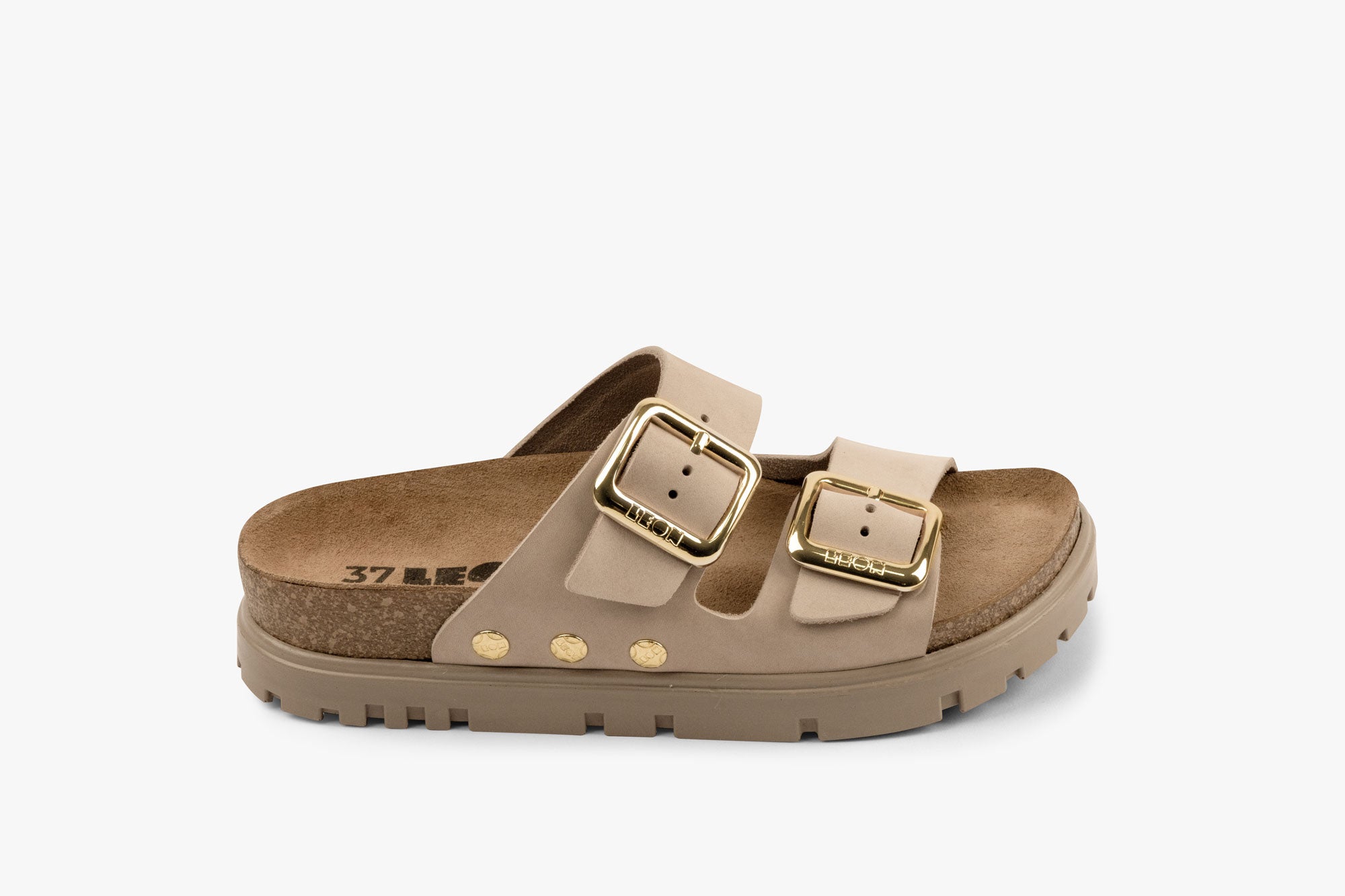Portofino II by LEON - Women’s Leather Sandal – Double Strap Slide with Cork - style Footbed & Adjustable Buckle - THE ONLY Mars Emporium