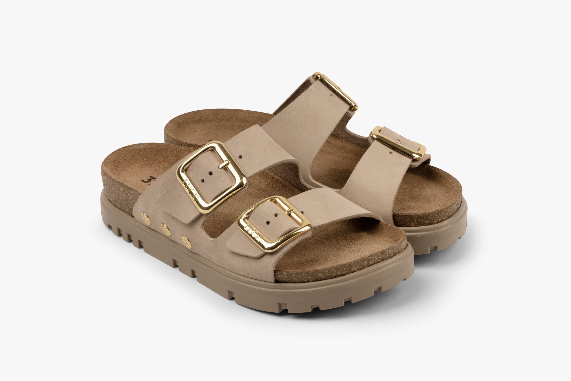 Portofino II by LEON - Women’s Leather Sandal – Double Strap Slide with Cork - style Footbed & Adjustable Buckle - THE ONLY Mars Emporium