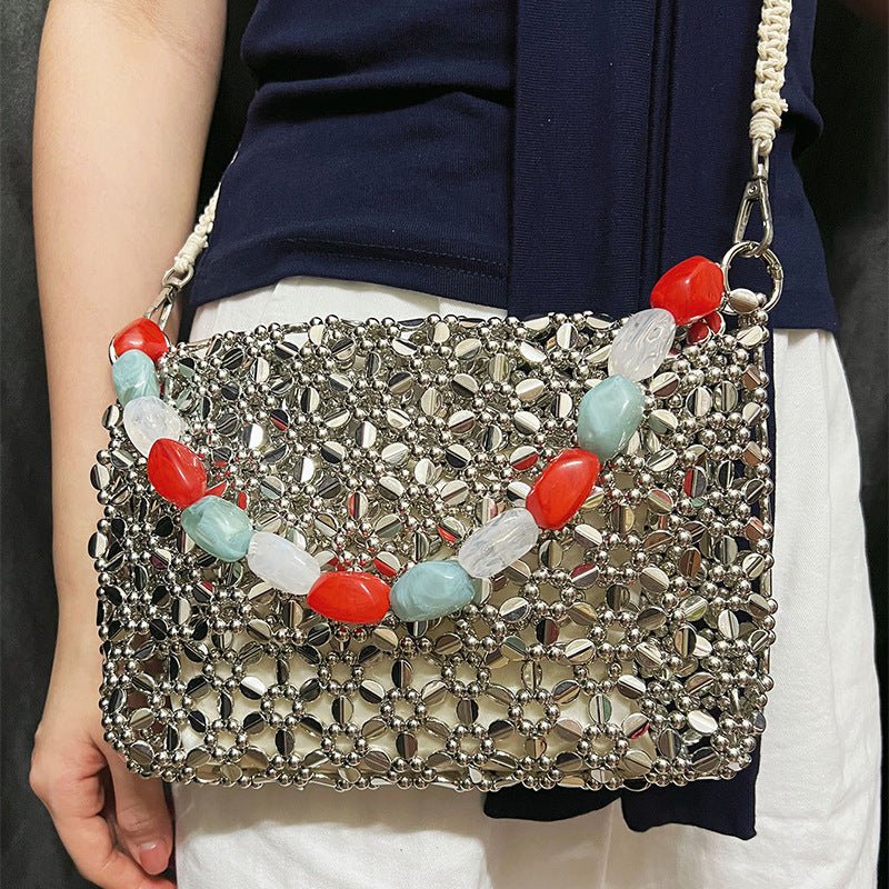 Retro Silver Hand Woven Beads Small Square Bag Long Shoulder Strap Phone Crossbody Bag - THE ONLY Mars Emporium