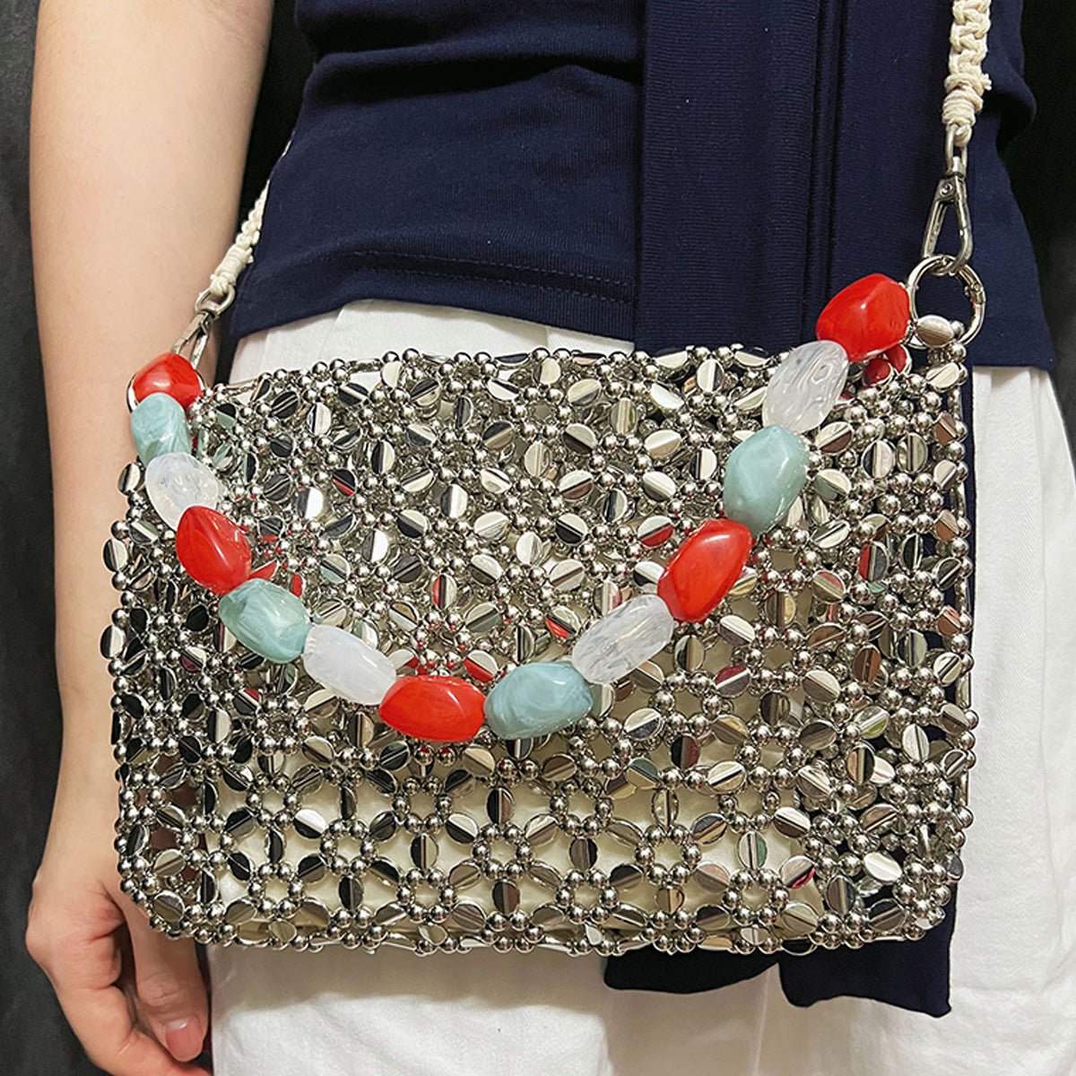 Retro Silver Hand Woven Beads Small Square Bag Long Shoulder Strap Phone Crossbody Bag - THE ONLY Mars Emporium