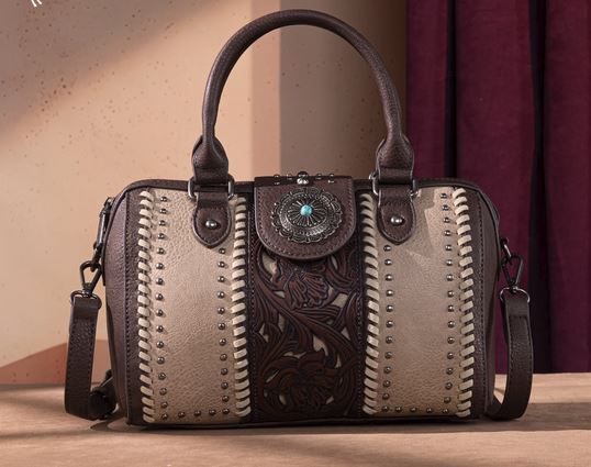 Rustic Charm Tooled Barrel Satchel & Crossbody Purse - THE ONLY Mars Emporium