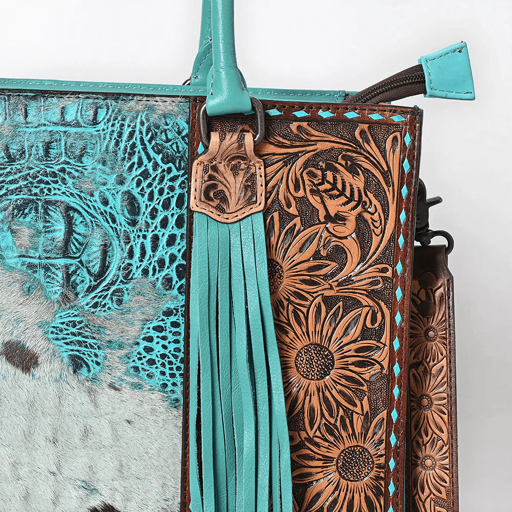 Turquoise Cowhide & Tooled Leather Tote Bag - THE ONLY Mars Emporium