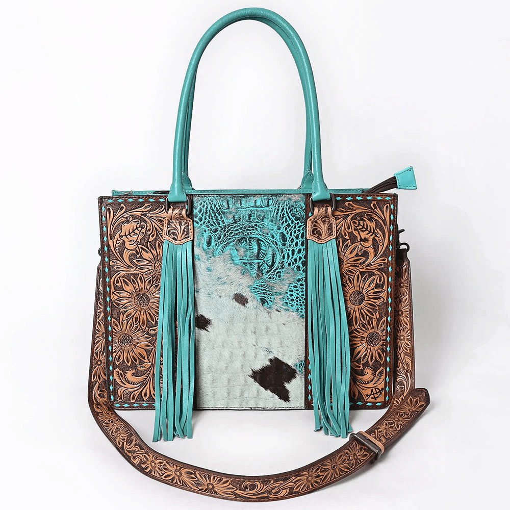 Turquoise Cowhide & Tooled Leather Tote Bag - THE ONLY Mars Emporium