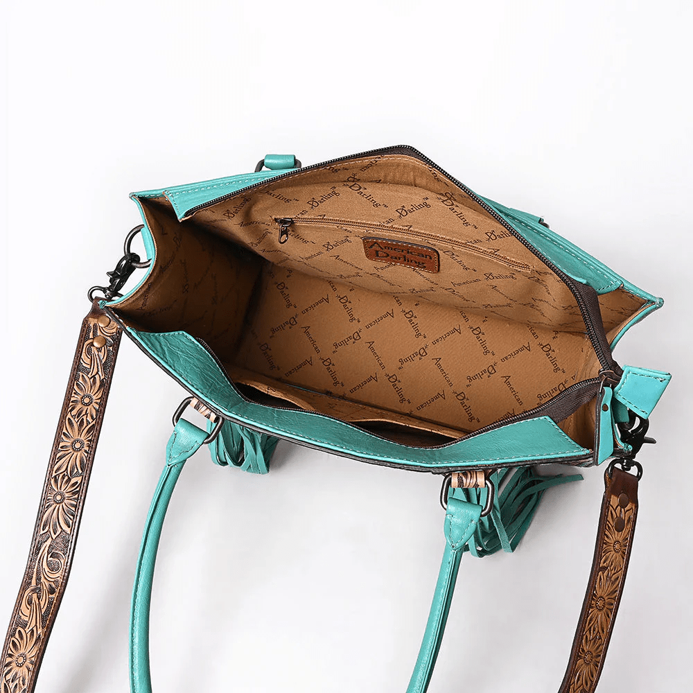 Turquoise Cowhide & Tooled Leather Tote Bag - THE ONLY Mars Emporium