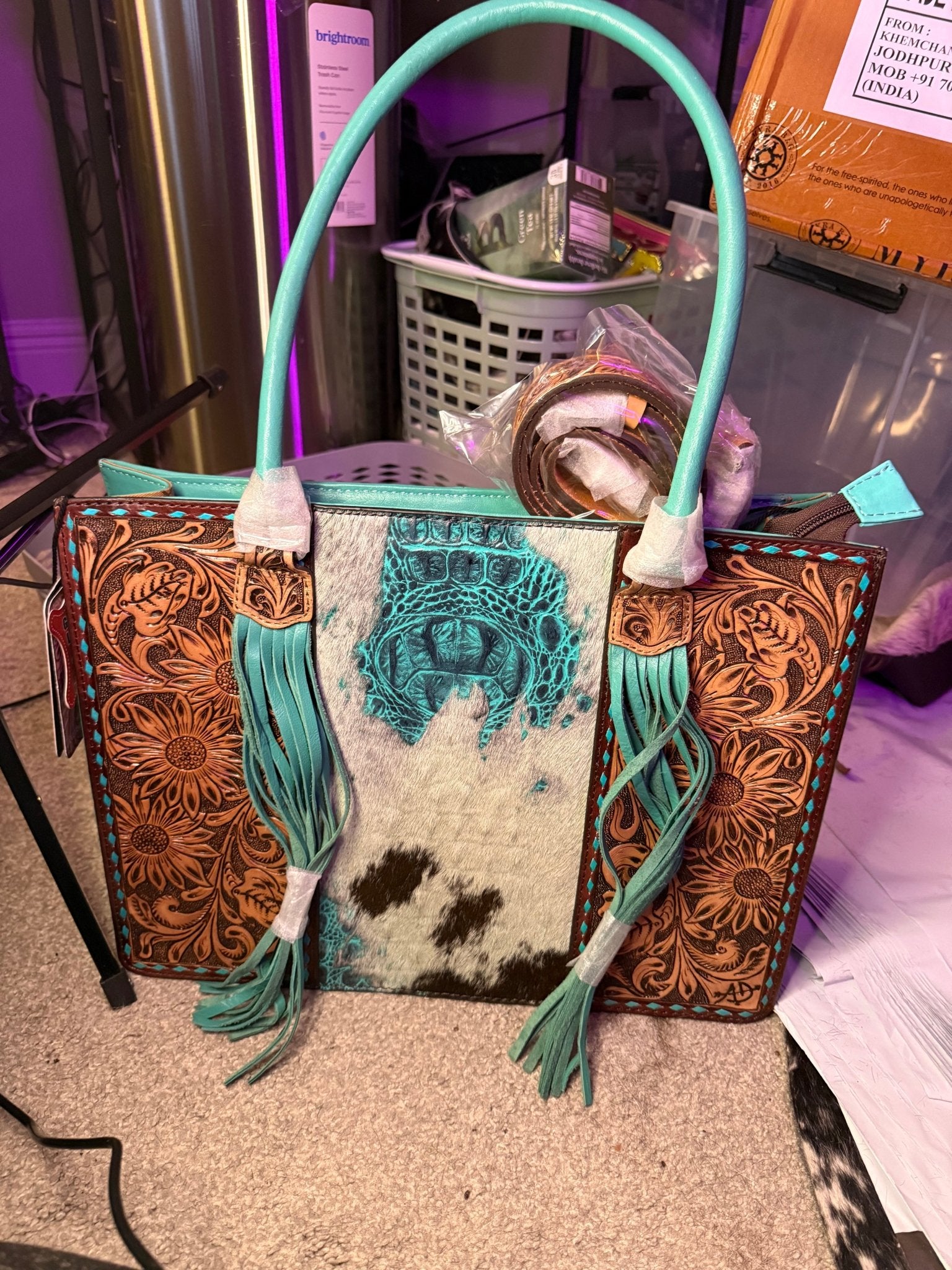 Turquoise Cowhide & Tooled Leather Tote Bag - THE ONLY Mars Emporium