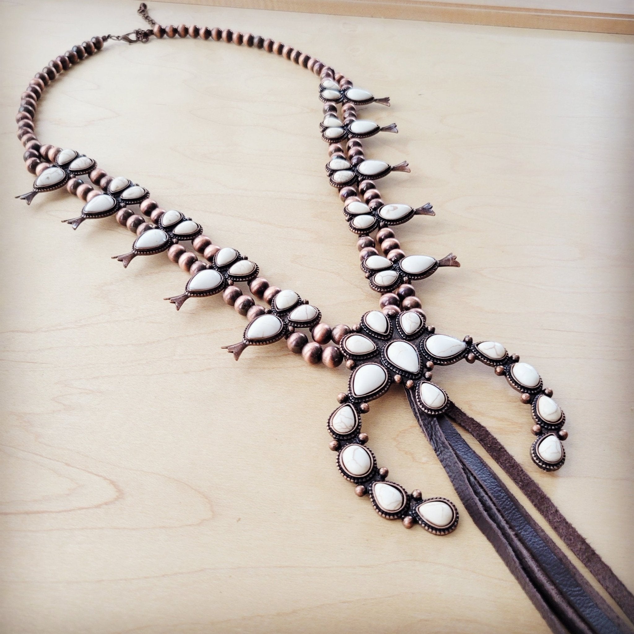 **White Turquoise Squash Blossom Necklace w/ Dark Brown Tassel 261z - THE ONLY Mars Emporium