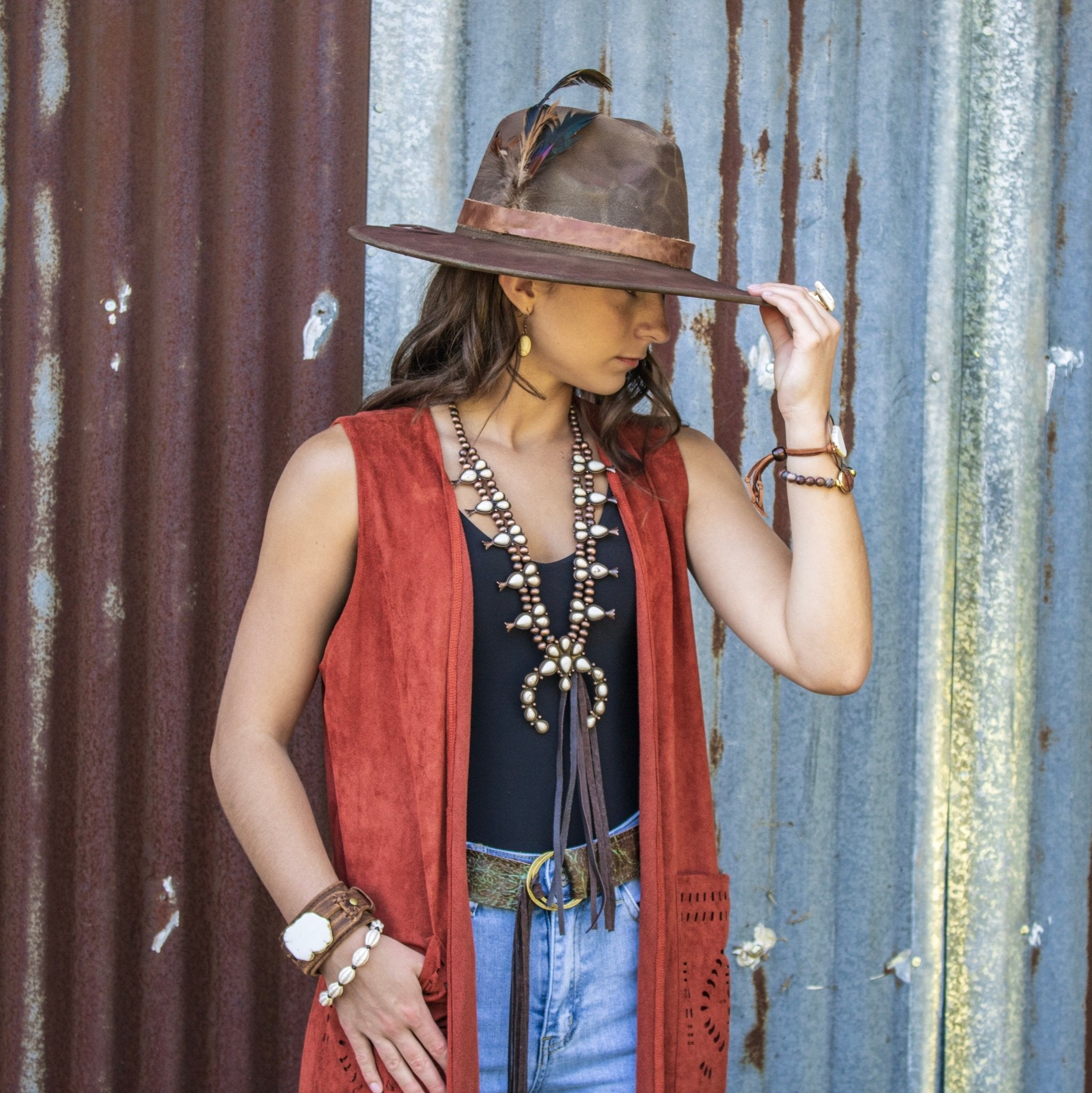 **White Turquoise Squash Blossom Necklace w/ Dark Brown Tassel 261z - THE ONLY Mars Emporium