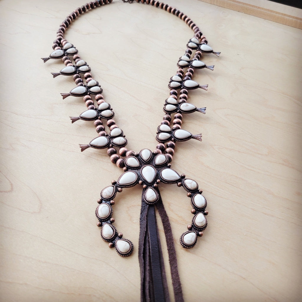 **White Turquoise Squash Blossom Necklace w/ Dark Brown Tassel 261z - THE ONLY Mars Emporium