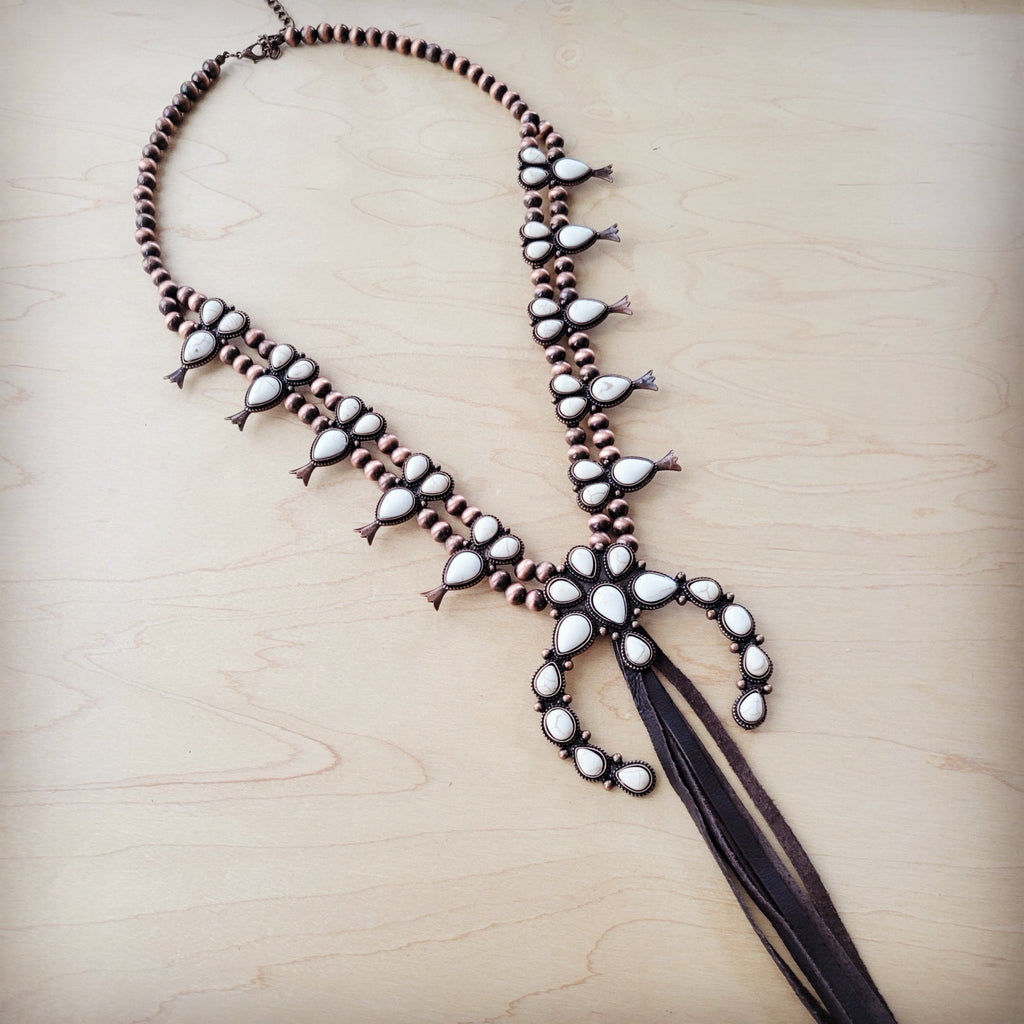 **White Turquoise Squash Blossom Necklace w/ Dark Brown Tassel 261z - THE ONLY Mars Emporium